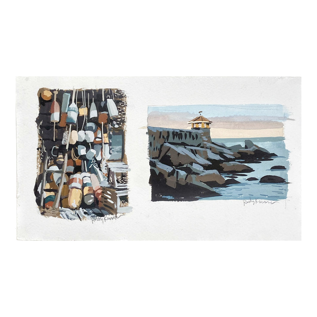 SOLD Nautical Gouache Diptych, Buoys and Coastal Scene—Plein Air Gouache Painting