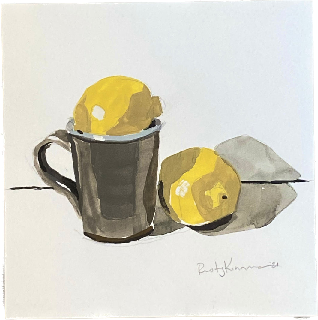 SOLD Silver Cup with Lemons, Still Life Gouche Painting